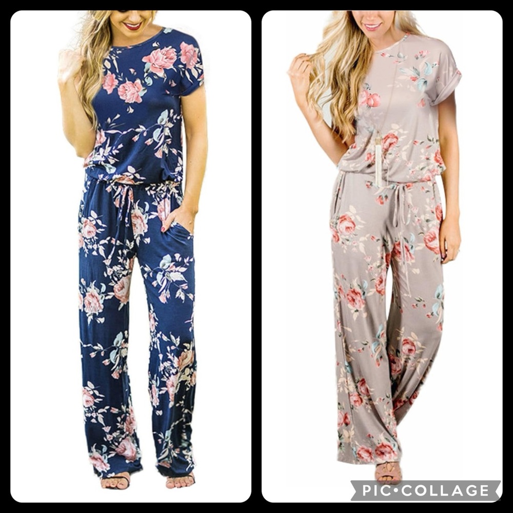 Floral Printed Wide Leg Jumpsuit with Pockets
